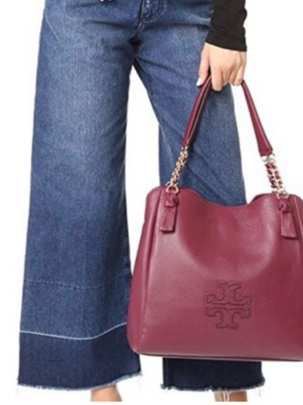 Tory Burch Harper Leather Tote Shoulder Bag Burgundy Gold Chain - Picture 3 of 16
